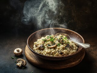 Close-up of steaming gourmet mushroom risotto in dark rustic bowl with fresh ingredients on side