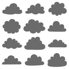 Set of flat vectors of various shapes and sizes of gray cartoon cloud icons. Perfect for kids design projects, weather infographics, story illustrations or decorative elements.
