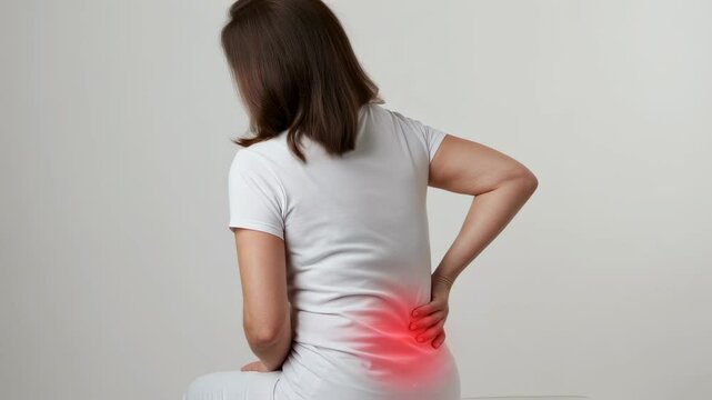 Woman experiencing lower back pain, soothing ache with massage and adjustments for relief