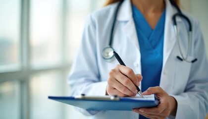 Doctor hands writing medical notes on clipboard during patient check-up. Healthcare pro documents observations test results. Medical record keeping, diagnosis, treatment, hospital, clinic, health