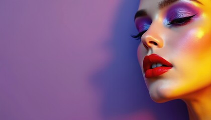 Close-up portrait of model with vibrant red lipstick, eye makeup. Bright purple background, fashion photoshoot, beauty artistic expression. Attractive young woman in makeup, cosmetics, cosmetics