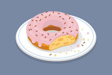 Bitten glazed donut on a plate. Doughnut with glaze and decoration. Flat isometric vector illustration.