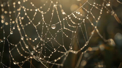 A macro capture of a spider's intricate web adorned with sparkling morning dewdrops, revealing nature's delicate design