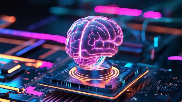 Neon glowing brain hologram hovering above circuit board in futuristic artificial intelligence and technology environment

 - Powered by Adobe