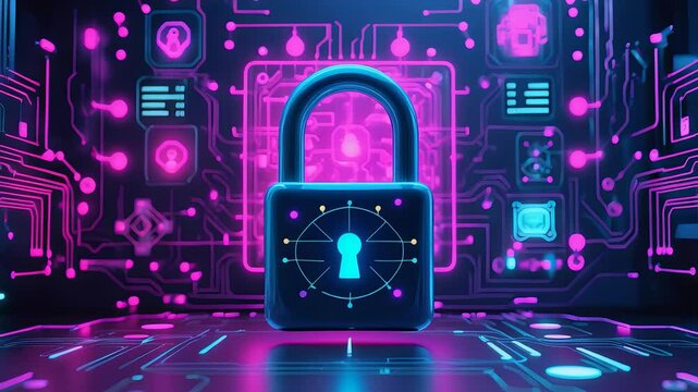 Glowing neon padlock with digital circuitry and cyber interface elements in futuristic cybersecurity technology environment

