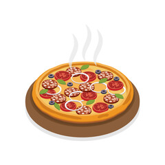 Italian pizza. Hot pizza on a wooden plate. 3d vector isometric illustration isolated on white background.