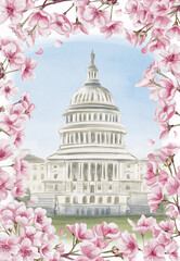 Capitol in Washington, D.C. National Cherry Blossom Festival. Frame with pink flowers. Watercolor illustration, hand drawing. Sketch. Template for a postcard or souvenir.