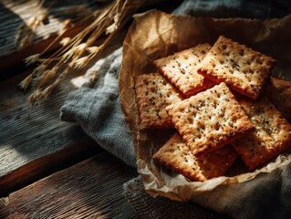 Crispy homemade saltine crackers with black pepper and sesame seeds on rustic wooden table