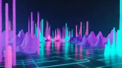 Vibrant digital landscape with glowing purple and cyan vertical bars rising over neon grid terrain in a futuristic environment

 - Powered by Adobe