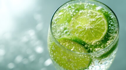 Refreshing citrus drink with lime slices in sparkling water close-up on light background