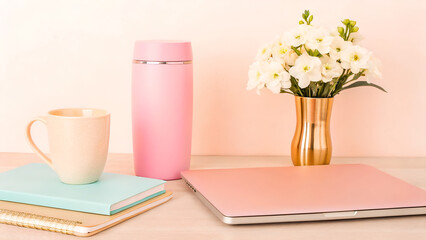 Stylish Workspace Arrangement with Laptop, Flowers, and Refreshments for a Productive and Visually...