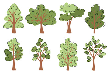 Green trees collection in hand drawn flat style. Woods doodle symbols set. Spring and Summer trees. Artistic forest tree icons for presentations, website, ads, school, kids, infographics, packaging. 