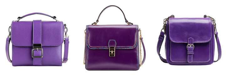 Set of purple color leather shoulder bag isolated on a transparent background