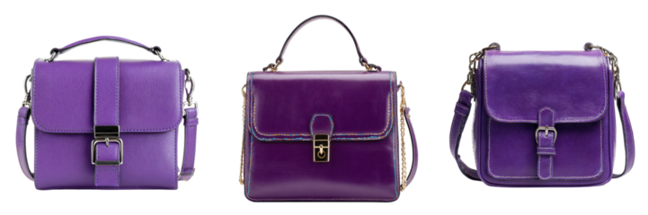 Set of purple color leather shoulder bag isolated on a transparent background
