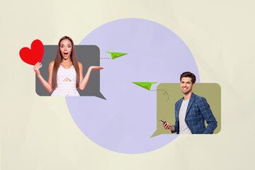 Zine banner full photo pop collage of happy girl guy peek communication bubble distance...