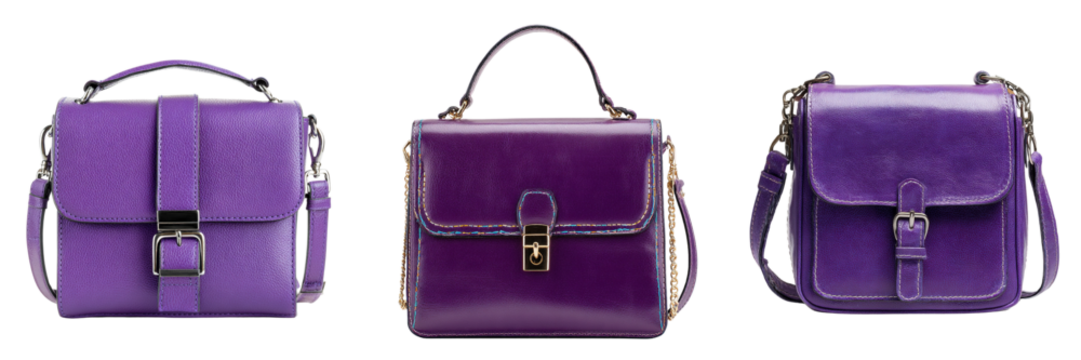 Set of purple color leather shoulder bag isolated on a transparent background