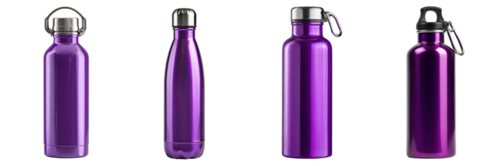 Set of purple colour stainless steel bottle isolated on a transparent background