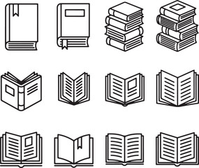 Collection of Black and White Book Icons Single Closed Books Stacked Books Open Books Reading Books Library Literature Education Symbols
