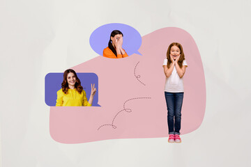 Image poster trend collage of happy small kid girl parent dad mother woman man bubble communication chatterbox speech tell