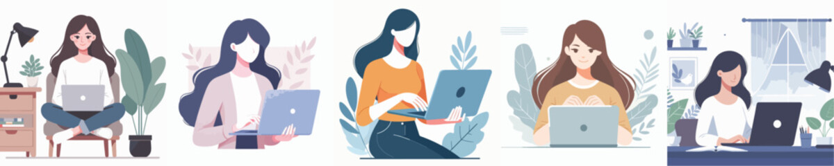 vector female character holding laptop