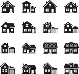 Fototapeta premium Sixteen Black Silhouette House Icons Various Styles Sizes Single Family Homes Garages Different Rooflines Architectural Designs Real Estate Symbols