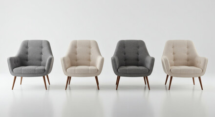 Obraz premium Mid-century modern lounge chair design with wooden legs and neutral-tone upholstery, captured in high-resolution on a seamless white background with realistic studio lighting and natural floor shadows