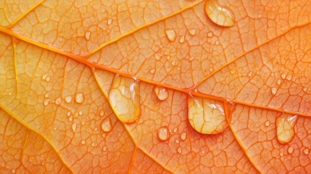 Dew drops cascading on vibrant orange leaf highlight nature's beauty in closeup sequence