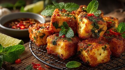 Delicious crispy fried tofu cubes garnished with fresh herbs and served with spicy dipping sauce on rustic wooden table