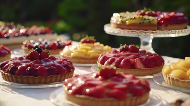 A table laden with an array of fruit tarts featuring strawberries blueberries and mango slices
