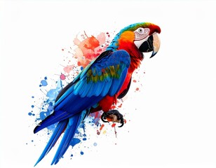 Fototapeta premium Vibrant Scarlet Macaw Parrot Watercolor Splash Art Bird Tropical Wildlife