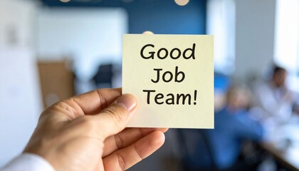 Hand holds a note with 'Good Job Team!' written, representing appreciation and teamwork in office