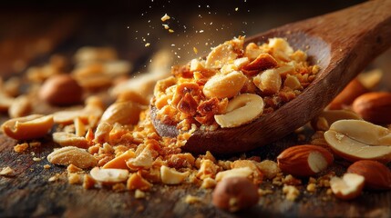 Close-up image of crunchy mixed nuts with caramel coating on a wooden spoon and scattered around