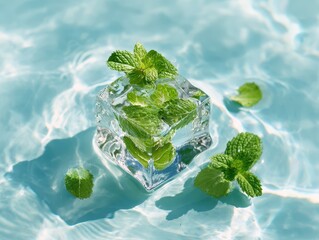 Fresh mint leaves inside a clear ice cube floating in water surrounded by mint leaves and ripples in a refreshing tropical setting