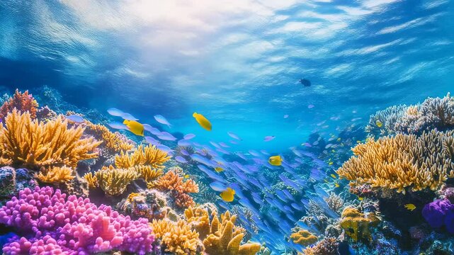 Vibrant marine life journey: tropical fish and coral reefs in crystal clear ocean