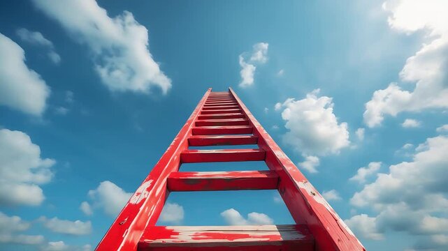 Bright red ladder extending vertically into a blue sky filled with fluffy clouds captured from low angle perspective

