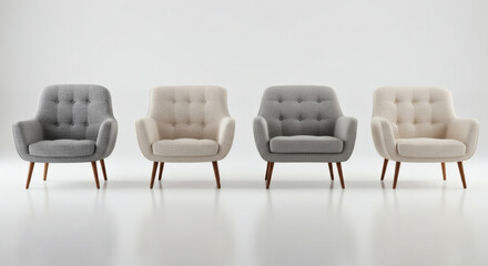 Obraz premium Mid-century modern lounge chair design with wooden legs and neutral-tone upholstery, captured in high-resolution on a seamless white background with realistic studio lighting and natural floor shadows