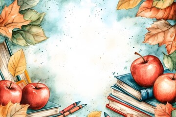 Colorful autumn frame with apples, books, and leaves suitable for school or educational events