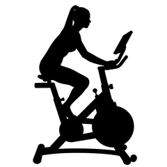 Silhouette of woman cycling on smart stationary bike, digital fitness training