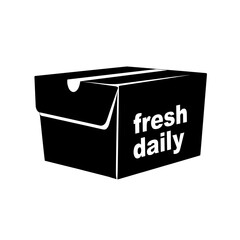 Silhouette of food delivery box with "fresh daily" text on white background, simplicity concept