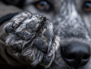 close-up of a pet's paw resting on a human hand, emphasizing trust, companionship