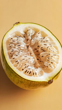A photorealistic image of half a duku fruit.