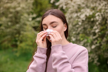 Woman with paper tissue suffering from seasonal pollen allergy near blossoming shrub on spring day