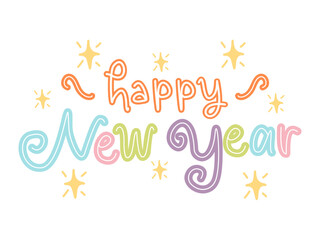 HAPPY NEW YEAR TYPOGRAPHI HANDWRITING COLORFUL NEON VECTOR DESIGN