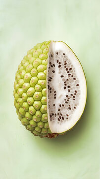 A ultra-HD, photorealistic image of a single half of a noni fruit with a bumpy, pale green outer ski