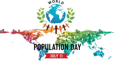 World population day graphic with earth, people, and map illustration