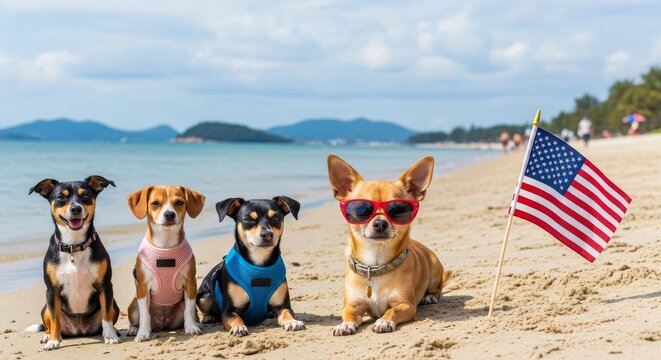 Four Adorable Dogs Enjoying a Beach Day with an American Flag - Powered by Adobe