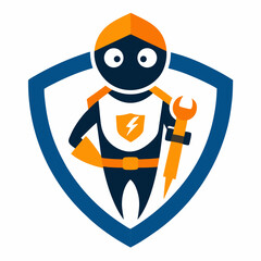 Superhero electrician logo with shield and wrench