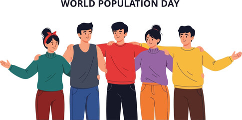 Group of people celebrating world population day with arms around each other