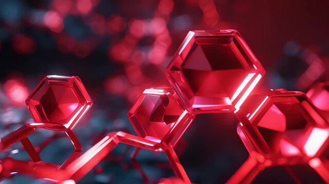 Shiny red hexagonal crystal structures interconnected in a futuristic molecular network with glowing reflections and depth of field

