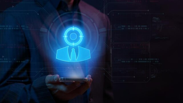 Recruitment, HR human resources solution concept. Management tool used to manage employee information in organization. Businessman shows animated headhunter icon on virtual screen.